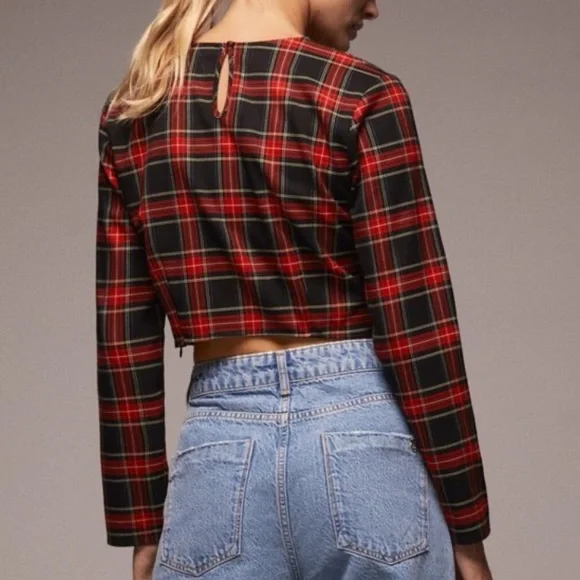 β€οΈ ZARA RED BLACK PLAID LONG SLEEVE CROP TOP! - Picture 6 of 13